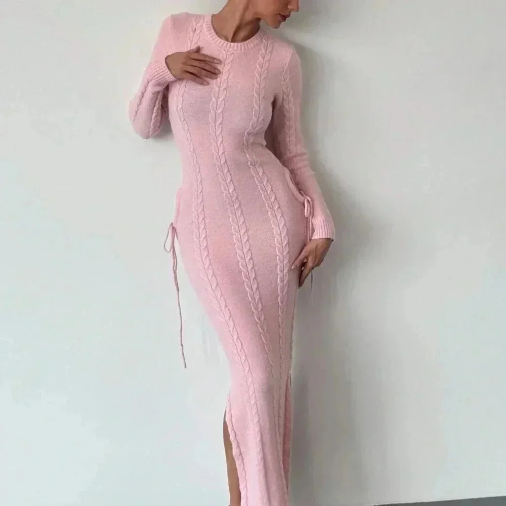 Pink Elegant Women's Warm Cinched Waist Knitted Dress